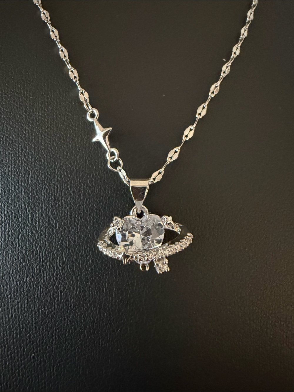 Silver Heart & Orbit Pendant Necklace - Clear Crystal Accent